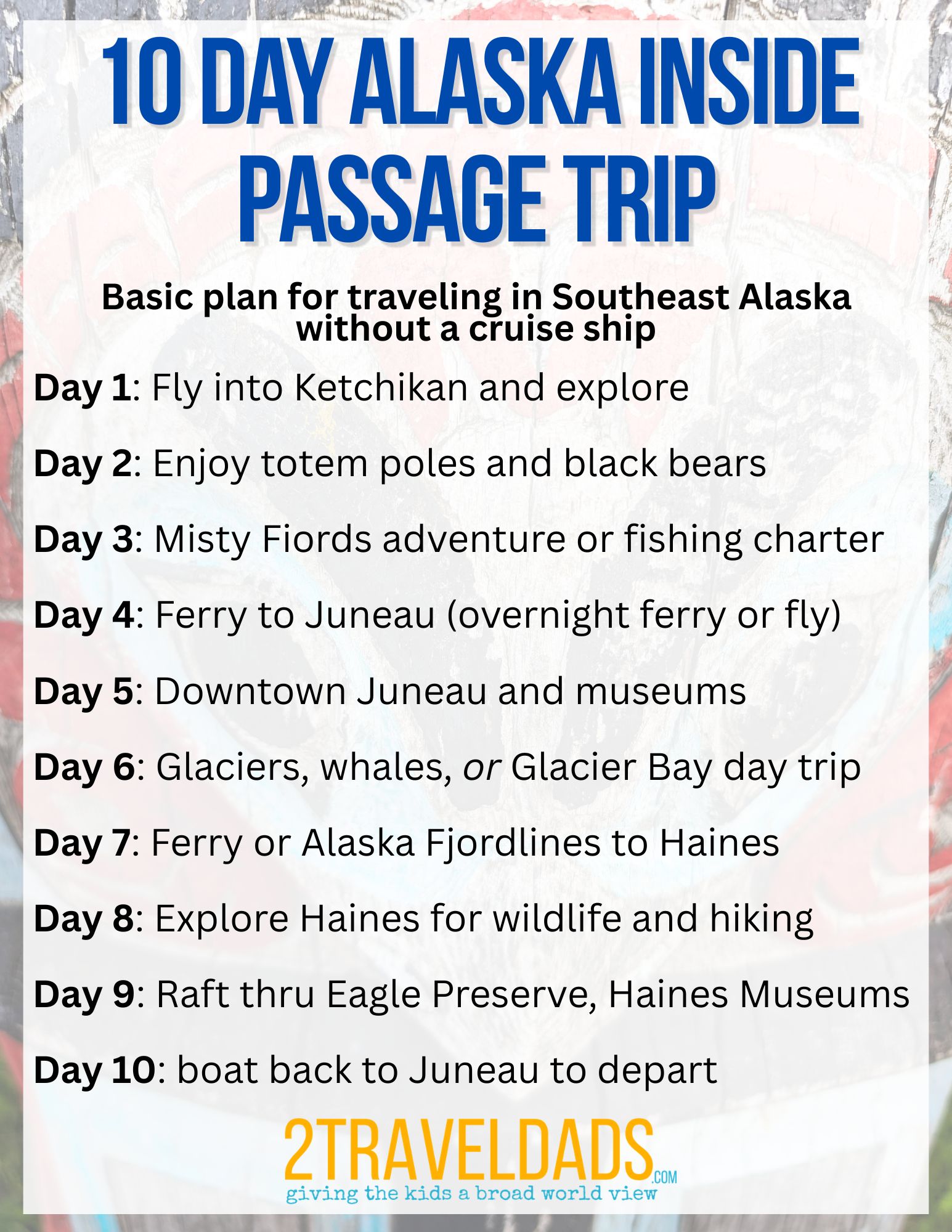 Do you want to experience Southeast Alaska independently, not on a cruise ship? We've got a great 10 day itinerary for seeing Ketchikan, Juneau and Haines vis the Alaska Marine Highway and other methods of transportation. Things to do and budget are included.