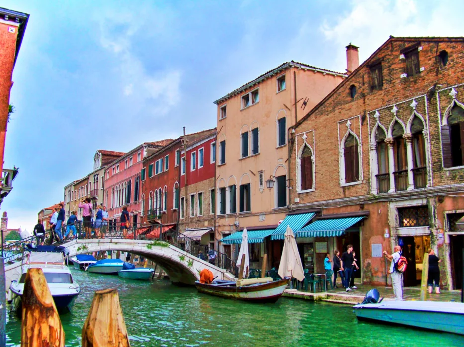 Canal and Glass shops on island of Murano Venice Italy 1