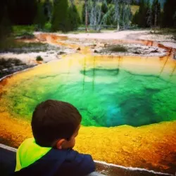 LittleMan at Morning Glory Pool Old Faithful Yellowstone 1