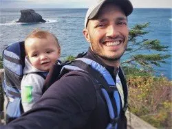 Rob Taylor and TinyMan in Kelty Kids Pack Cape Flattery Trail 2