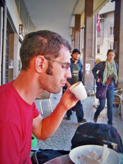 Chris Taylor drinking Espresso in Pisa