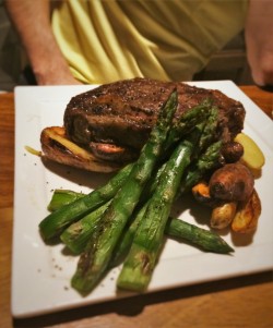 Bison Ribeye with fingerling potatoes and asparagus at Echo Restaurant King and Prince Resort St Simons GA