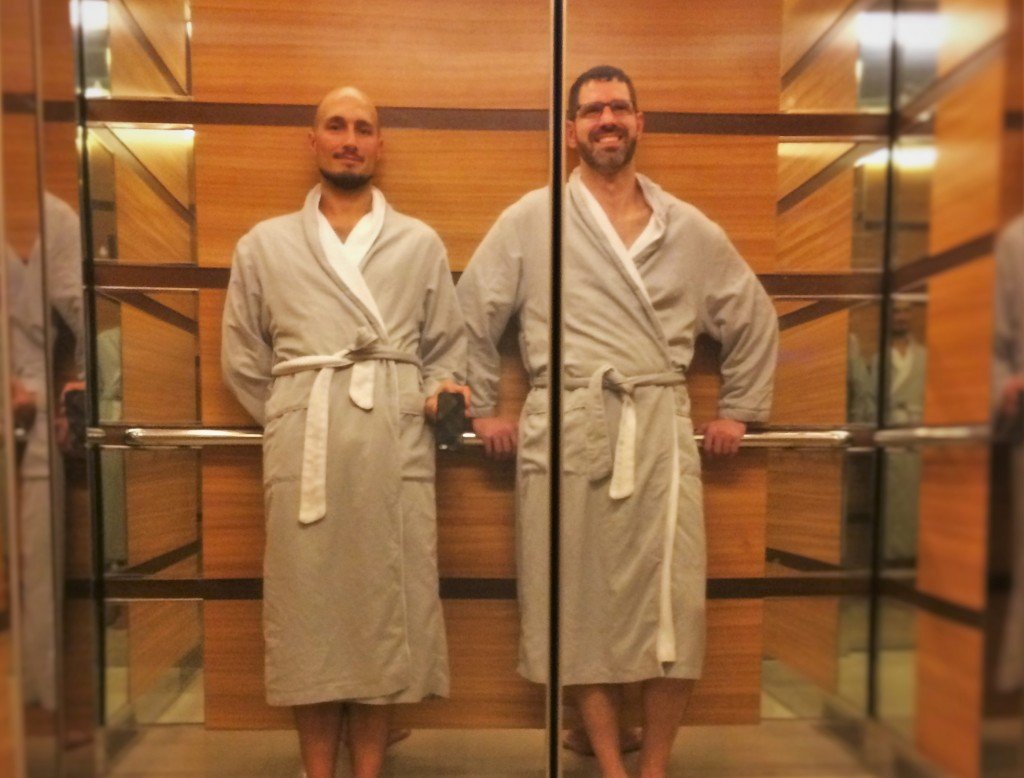 Chris and Rob Taylor in Robes at Hyatt Olive 8 Seattle 2
