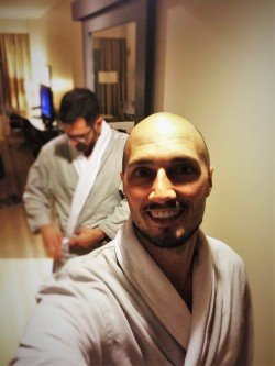 Chris and Rob Taylor in Robes at Hyatt Olive 8 Seattle