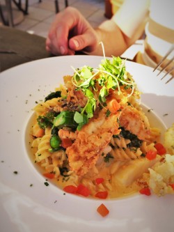Crunchy Seafood Mac N Cheese with Fried Grouper at Echo Restaurant King and Prince Resort St Simons GA