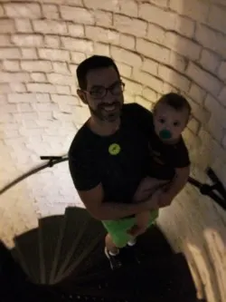 Chris Taylor and TinyMan on spiral staircase at St Simons Island Lighthouse Georgia 2traveldads.com