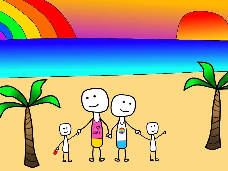 Sell All Your Stuff Stick Man Gay Family on Beach 2traveldads.com
