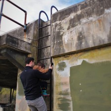 Chris Taylor and LittleMan climbing ladder at Fort Worden Port Townsend 2
