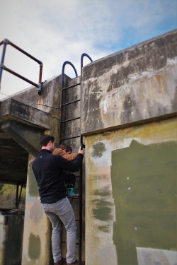 Chris Taylor and LittleMan climbing ladder at Fort Worden Port Townsend 2