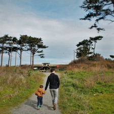 Chris Taylor and LittleMan heading into bunkers at Fort Worden Port Townsend