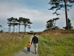 Chris Taylor and LittleMan heading into bunkers at Fort Worden Port Townsend