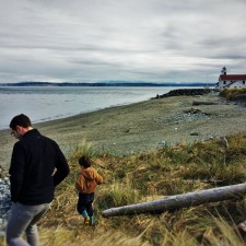 Chris Taylor and LittleMan on beach at Fort Worden Port Townsend
