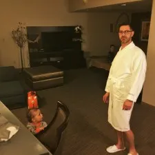 Chris Taylor and TinyMan in bathrobe in Luxury Suite at Westin Seattle 1