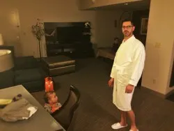 Chris Taylor and TinyMan in bathrobe in Luxury Suite at Westin Seattle 1