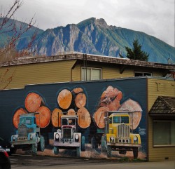 Mt Si with Logging Trucks Mural in Downtown Snoqualmie Washington 1