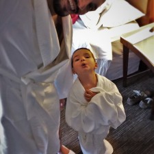 Rob Taylor and LittleMan in bathrobes Luxury Suite at Westin Seattle 1