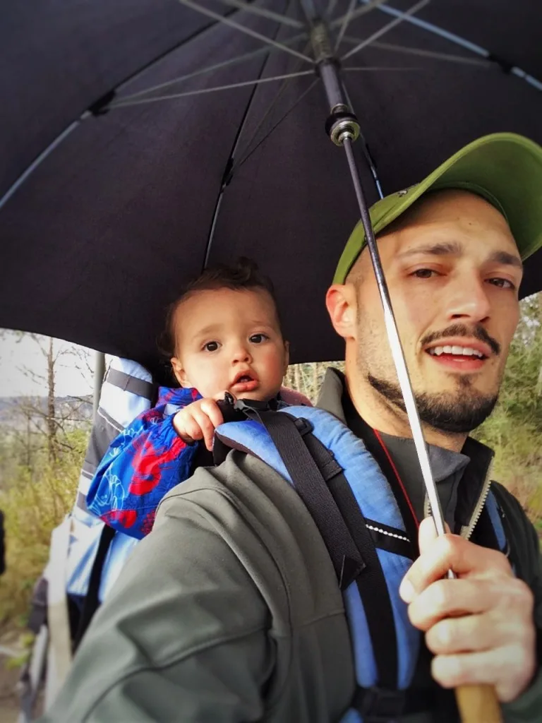 Rob Taylor and TinyMan with Umbrella at Snoqualmie Falls 1