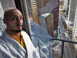 Rob Taylor in Bathrobe with view Luxury Suite at Westin Seattle 1