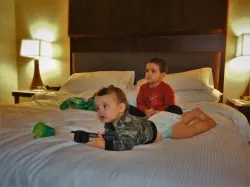 Taylor Kids on Heavenly Bed in Luxury Suite at Westin Seattle 1