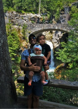 Rob Taylor and Dudes at Christine Falls with Rustic Stone Bridge Mt Rainier National Park