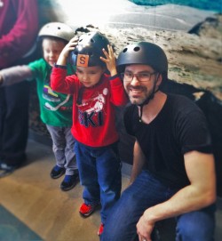 Chris Taylor and LittleMan with Helmets for climbing Altitude at Childrens Museum of Denver 2