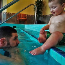 Chris Taylor and TinyMan in swimming pool at Inverness Hotel Denver Colorado 3