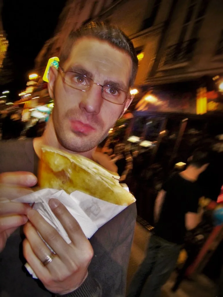 Chris Taylor with Crepe in Latin Quarter Paris 2traveldads.com