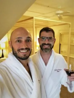 Chris and Rob Taylor in bathrobes at Carter House Inn Eureka 1