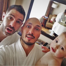 Chris and Rob Taylor with TinyMan in Bathrobes at Inverness Hotel Denver Colorado 2