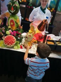 LittleMan and Bunnies made of Fruit at Easter Brunch in Garden Terrace at Inverness Hotel Denver Colorado 1