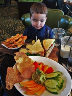 LittleMan and sandwich board with hummus at Fireside Lounge at Inverness Hotel Denver Colorado 1