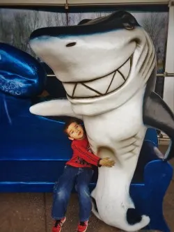 LittleMan hugging fake shark at Denver Downtown Aquarium 1