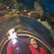 Rob Taylor and LittleMan in bubble glass at Denver Downtown Aquarium 1