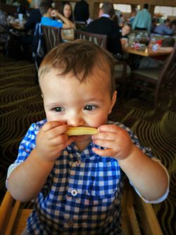 TinyMan with baby corn mustache at Easter Brunch in Garden Terrace at Inverness Hotel Denver Colorado 1