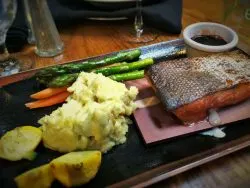 Cedar plank salmon in Sierra Restaurant at Tenaya Lodge Yosemite 2traveldads.com