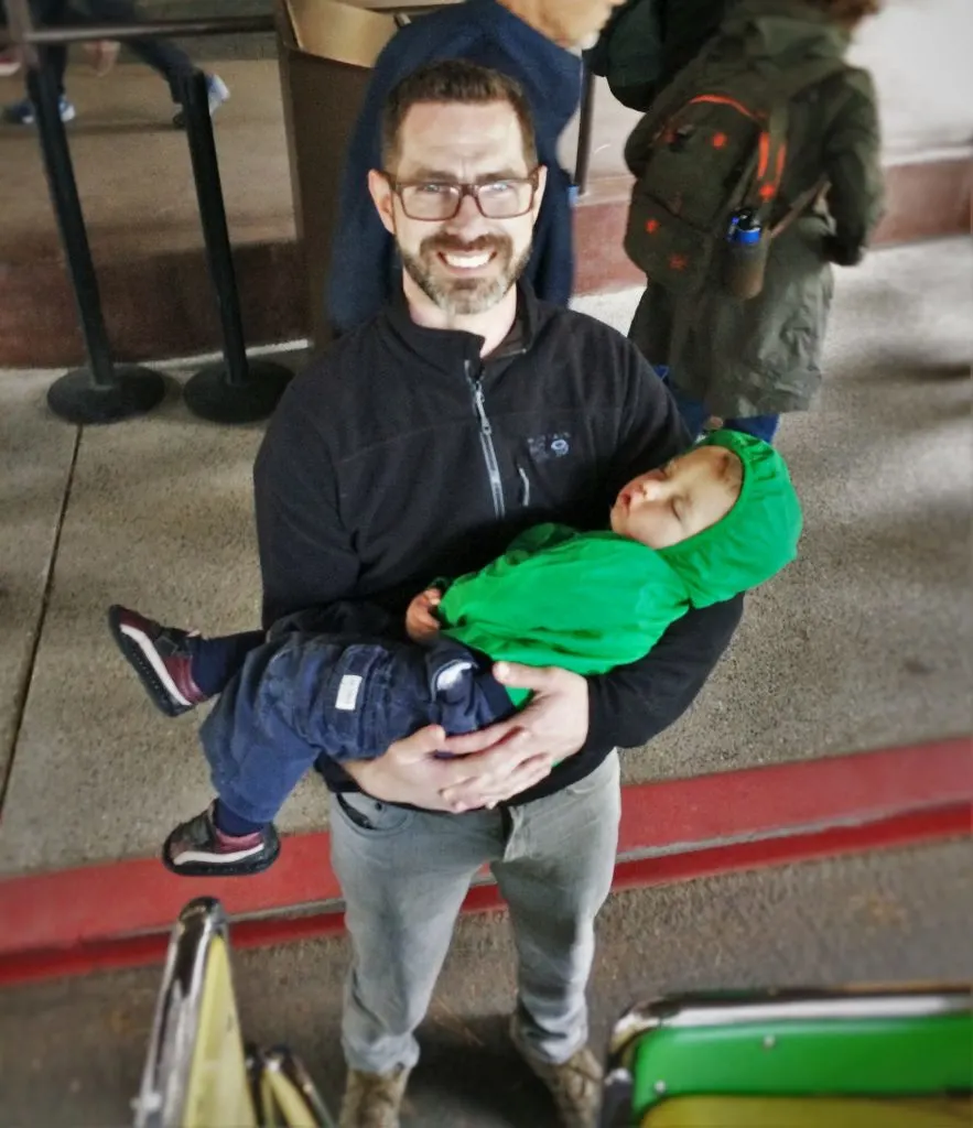 Chris Taylor and Sleeping TinyMan after tram tour of Yosemite Valley Floor in Yosemite National Park 1