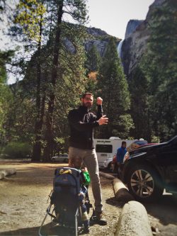 Chris Taylor and hiking pack at Bridal Veil Falls in Yosemite National Park 1