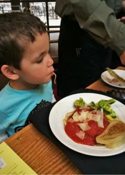 LittleMan and Pasta in Sierra Restaurant of the Tenaya Lodge Yosemite 2traveldads.com