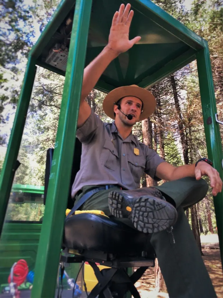 Park Ranger leading tram tour of Yosemite Valley Floor in Yosemite National Park 1