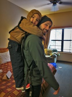 Rob Taylor and LittleMan using Piggyback Rider at Wuksachi Lodge in Sequoia National Park 2