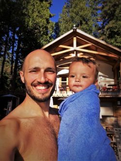 Rob Taylor and TinyMan at Swimming Pool at Evergreen Lodge at Yosemite National Park 2