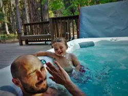 Rob Taylor and TinyMan in Hot tub at John Muir House at Evergreen Lodge at Yosemite National Park 2