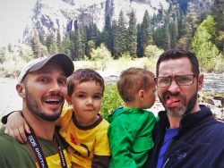 Taylor Family and Merced River on tram tour of Yosemite Valley Floor in Yosemite National Park 1