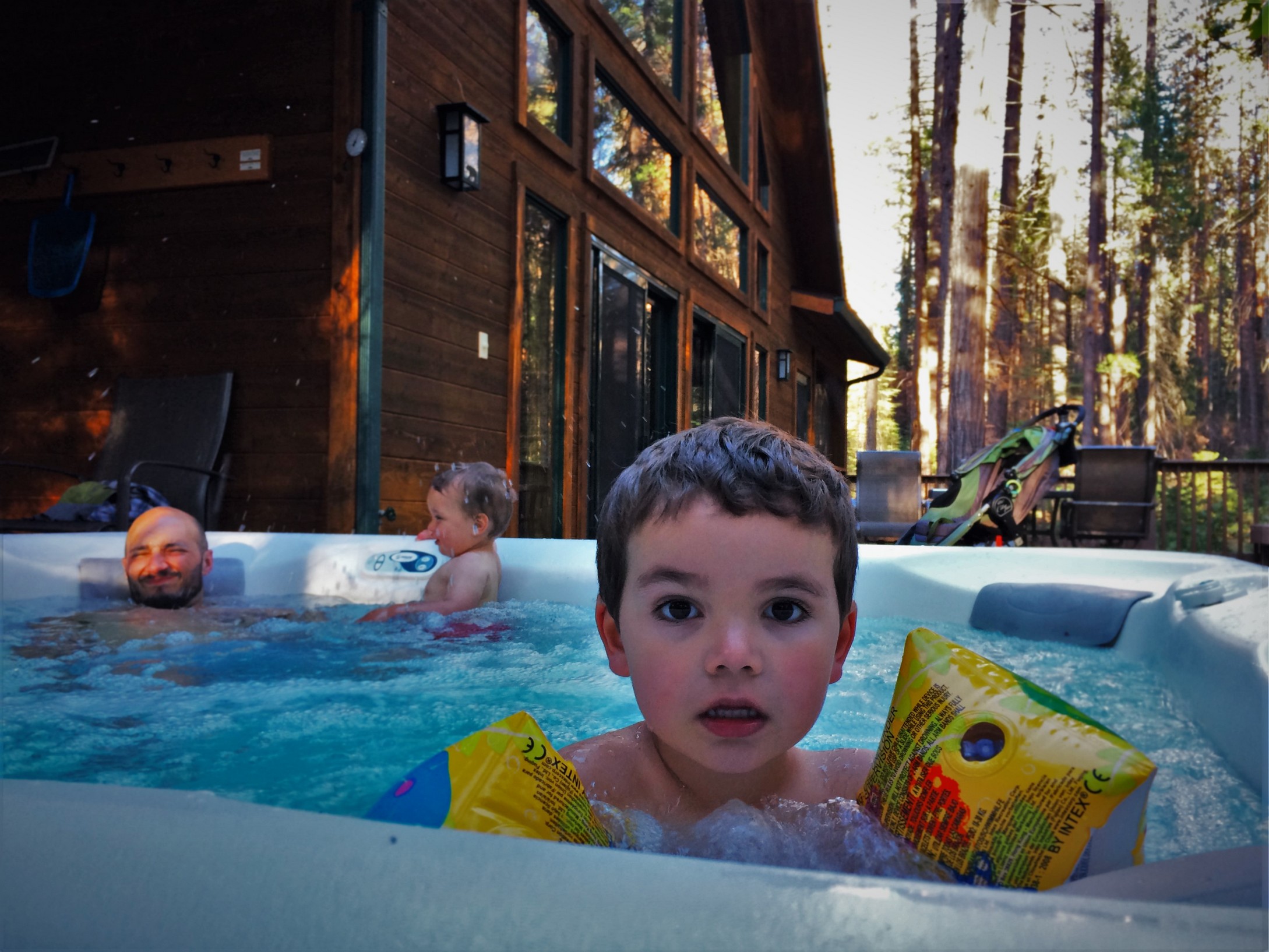 Taylor Family in Hot tub at John Muir House at Evergreen Lodge at Yosemite National Park 2