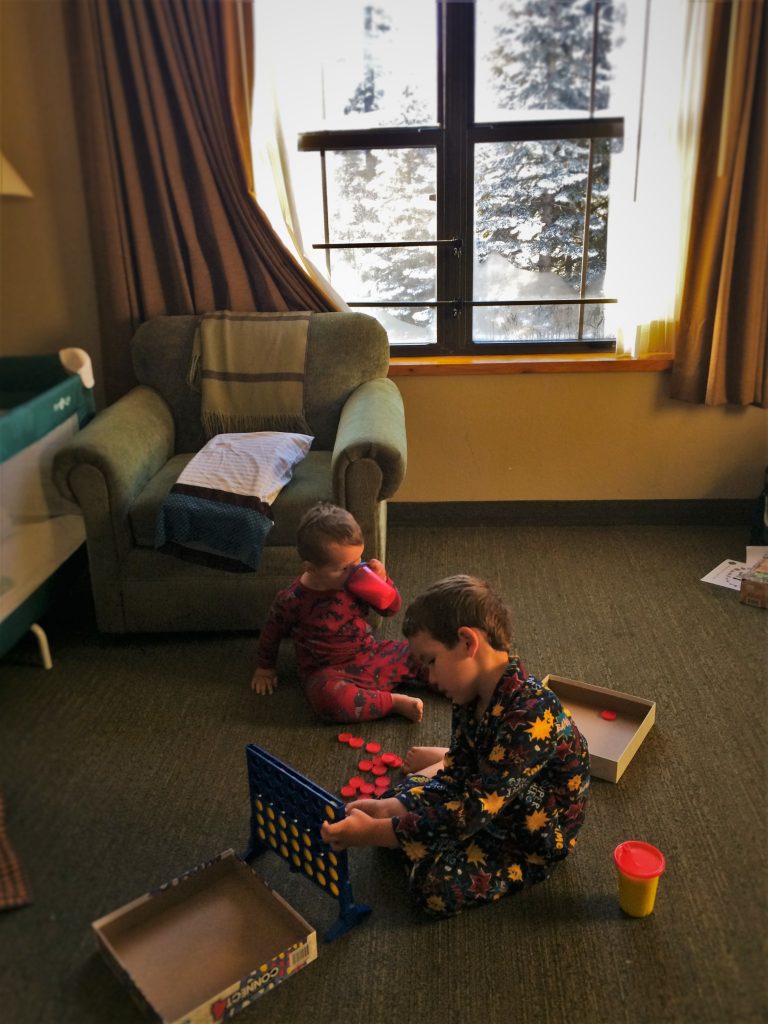 Taylor Kids playing in room at Wuksachi Lodge in Sequoia National Park 2