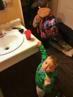 TinyMan brushing Teeth in John Muir Lodge in Kings Canyon National Park 1