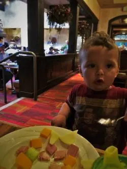 TinyMan eating breakfast in Sierra Restaurant at Tenaya Lodge Yosemite 1