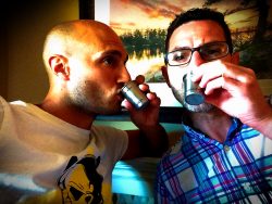 Chris and Rob Taylor sipping from Stanley stainless steel shot glasses