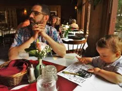 Chris Taylor and TinyMan in Oregon Caves Chateau Dining Room