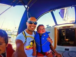 Rob Taylor and TinyMan boating in Fidalgo Bay Anacortes